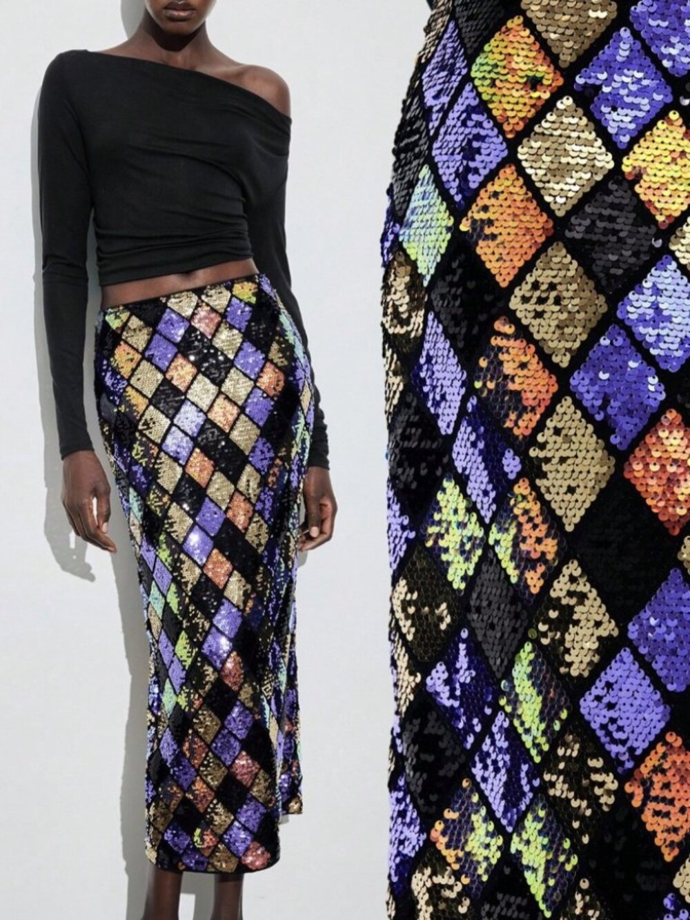 Black Multicolor Sequin Harlequin Midi Skirt